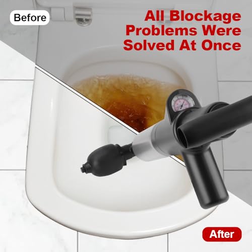 Image of High Pressure Toilet Plunger, 60CM Long Handle Air Drain Blaster with Barometer, 0.4Mpa Powerful Unclogger for Toilet Sink Shower Floor Drain, Splash-Proof Heavy Duty Plumbing Tool (Black)