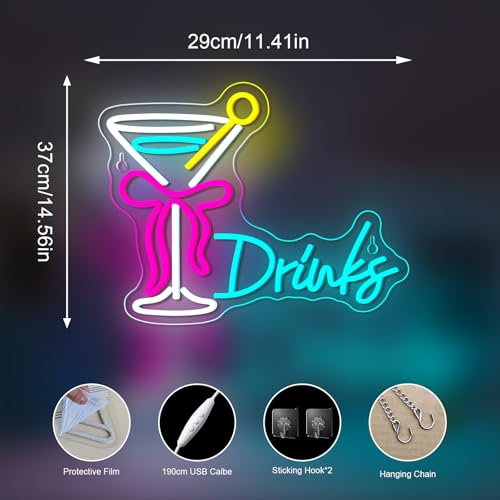 Image of Drink Bow Cocktail Glass Neon Sign LED Neon Light Up Sign for Wall Home Decor Bedroom Business Club Party Bars Shop USB Powered Really Pretty Neon Decor