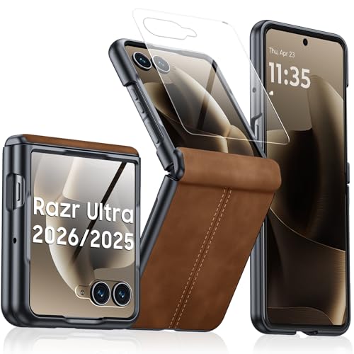 BSNRM for Motorola Razr Ultra 2026 Case/Razr Ultra 2025 Case with Hinge Protection & Built-in Screen Protector, Ultra-Thin PU Leather Matte PC Shockproof Cover for Razr Ultra 2026/2025 -Brown