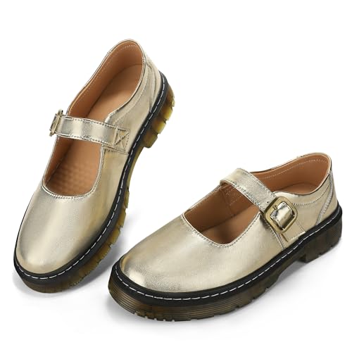 Image of Women's Mary Jane Flat Shoes Comfort Platform Buckle Ankle Strap Flats Breathable Slip On Lightweight Office Work Shoes Gold,8 US