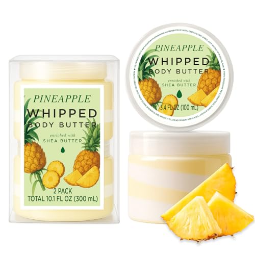 Princess Belle Pineapple Whipped Shea Body Butter, Body Moisturizer for Dry Skin, Smell Good, Pineapple Gifts for Women-2 Pack (3.4floz + 6.8 floz)