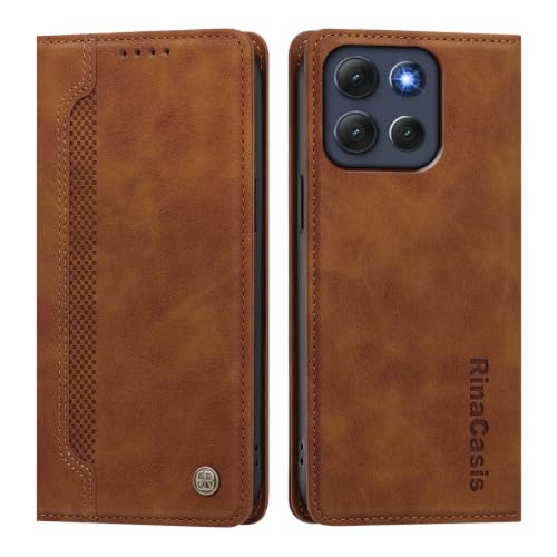 rongki Leather Case for Motorola Moto G86 Power, Slim Fit Leather Folio Wallet Case with Magnetic Lock Card Holder Adjustable Kickstand Cover for Motorola Moto G86 Power, Brown