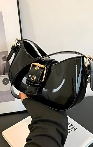Image of Korean Style Leather Shoulder Bag with Buckle Glossy Finish Crossbody Purse for Daily Use Travel & Shopping Phone Purse with Adjustable Strap Lightweight Trendy Bag for Girls