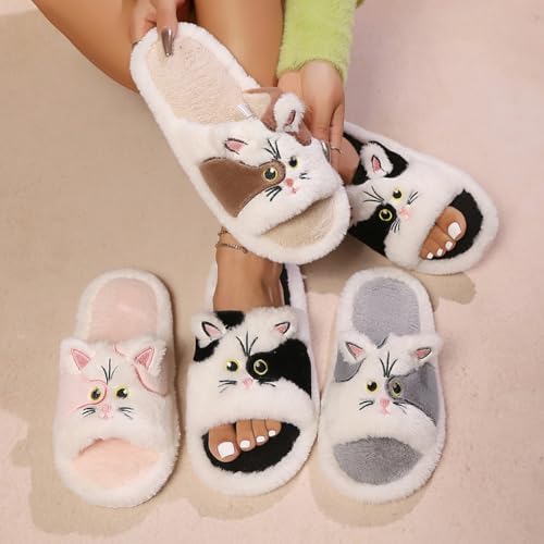 Plush Animal Slippers Soft Women's Cozy Home Shoes Bedroom Cartoon Cute Cat Stylish Open Toe Cotton Slippers4