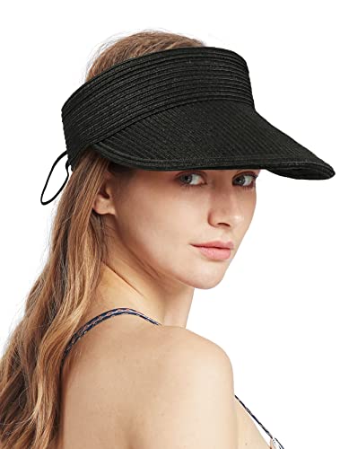 Straw Sun Visor Hats for Women Wide Brim Roll-up Foldable Ponytail Beach Summer Golf Hat Black