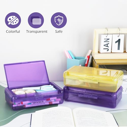 Image of 1 Pack Double Layer Hard Pencil Cases, Plastic Translucent Pencil Box with Snap-Tight Lid for Pens, Pencils, School, Stylish Office Supplies Storage Organizer Box, Medium-sized (Purple)