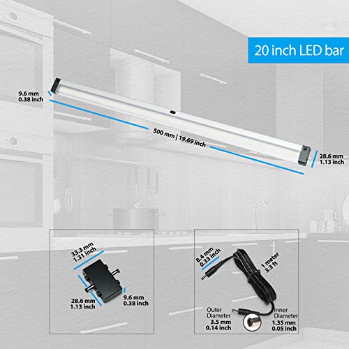 Eshine Extra Long 20 Inch Led Dimmable Under Cabinet Lighting Strip With Hand Wave Motion Sensor, Black, With Accessories (No Power Supply Included), Cool White (6000K) #TOP1