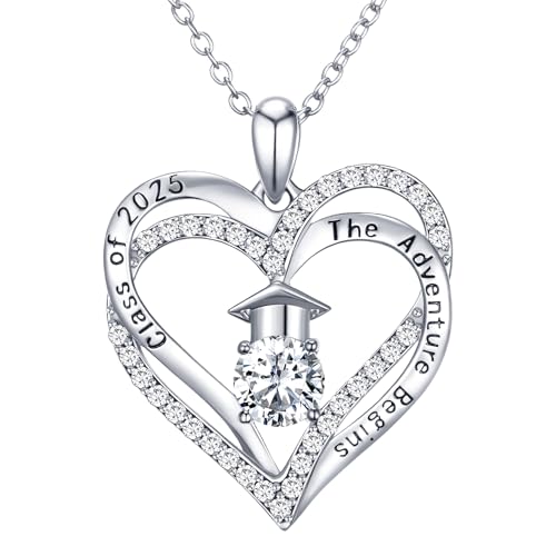 NORBU The Adventure Begins S925 Graduation Gifts for Her 2025, 5A CZ Graduation Cap Double Heart Pendant Necklaces for Women High School College Grad Jewelry Gift
