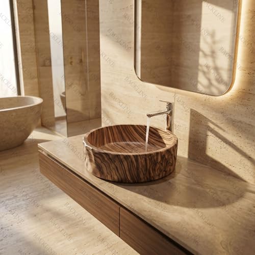Image of Backline Basin For Bathroom | Countertop Wash Basin (40 x 40 x 13.5 Cm) | Ceramic Bathroom Sink | Table Top Basin | Scratch & Stain Resistant Easy to Clean | Modern Luxury Basin (Wooden Finish)