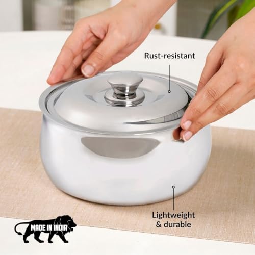 Image of Nestasia Stainless Steel Insulated Casserole with Lid (2100 ml) - 100% Food Safe Steel Roti Hot Case with Self Locking Lid - Insulated Thermal Serveware | Rust Resistant & BPA - Free