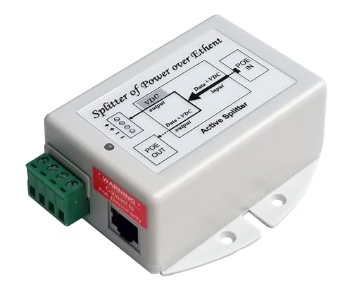 Divisor PoE 48 VCC entrada 802.3at, salida PoE 48 V y 12 VCC a 20 W, potencia máxima 50 W, conversor de voltaje, temperatura de operación -30 a +65 °C, compatible Gigabit, aislamiento entre entrada y salida, conexión por terminal de cables miniatura 1