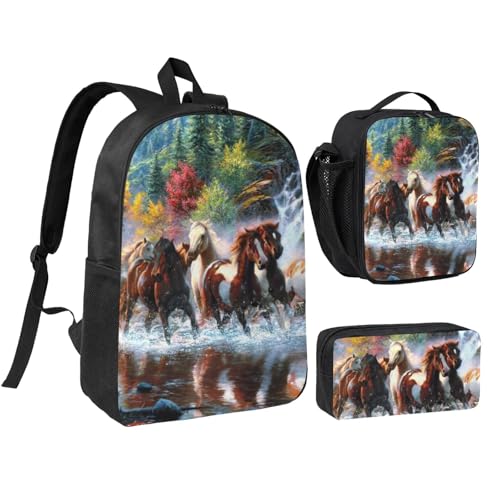 Sac à dos d'école chevaux avec boîte déjeuner sac enfant léger 3 pièces