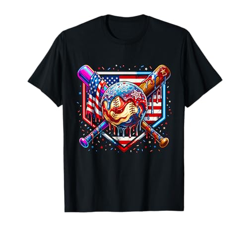 Baseball Drip American Flag for Boys Kids Youth 4th of July T-Shirt