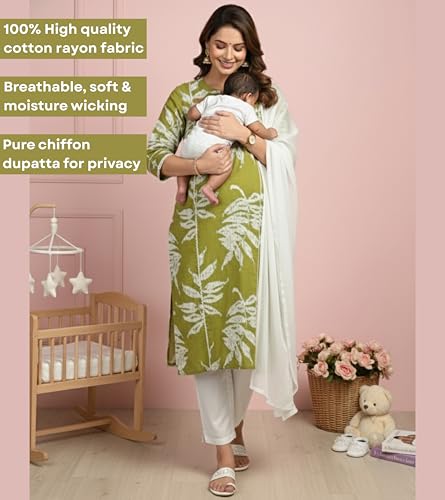 Image of DUMMY SHAPE Maternity Dresses for Women Cotton | Floral Kurta Pant Dupatta Set with Nursing Zippers, Side Pocket | Pre & Post Pregnancy | Feeding Kurti Suit | Baby Shower | Gifts for Pregnant Woman