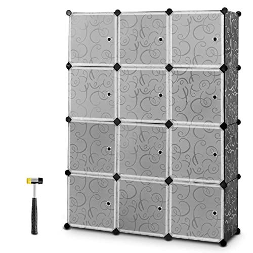 COSTWAY Portable Wardrobe, 12/16/20/30 Cube Closet DIY Interlocking Combination Armoire, Space Saving Plastic Modular Cabinet Storage Organizer for Clothes, Shoes and Toys (12 Cubes, Black + White)