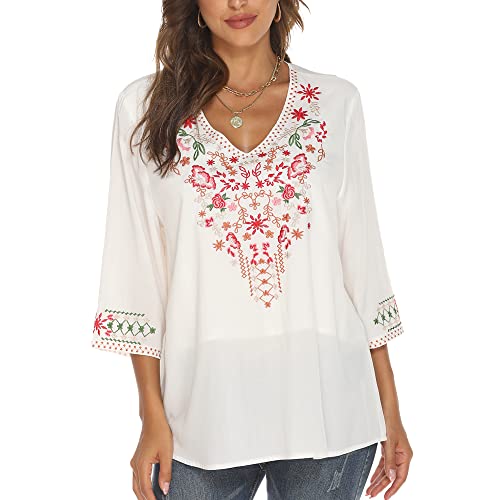 Women's Mexican Embroidered Peasant Top 3/4 Sleeve V-Neck Boho Tunic Blouse Loose Fit Casual Shirts (Medium, 354-white)