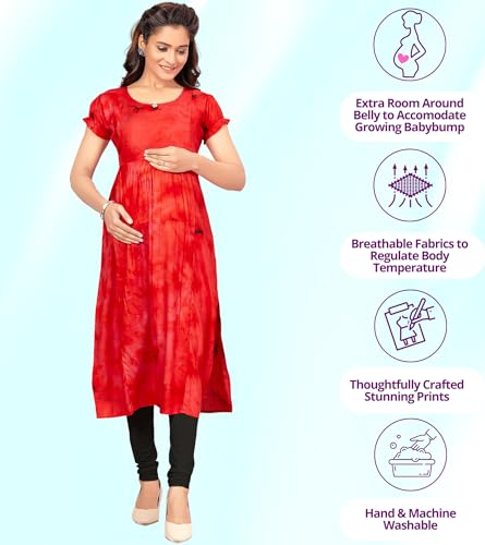Image of RITIJYA Maternitywear Rayon Tiedie Straight Feeding Kurtis for Women with Zip | Maternity Dress for Nursing & Pregnancy (9207 46,Tomato Red)