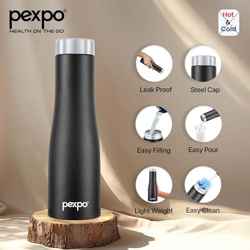 Image of Pexpo Monaco 1000 ISI Certified Stainless Steel Sports /Fridge Water Bottle with Steel Cap, 970ml, Knight Black | BPA Free | Water Bottle for Office, Gym, School, Yoga, Trekking, Adults&Kids