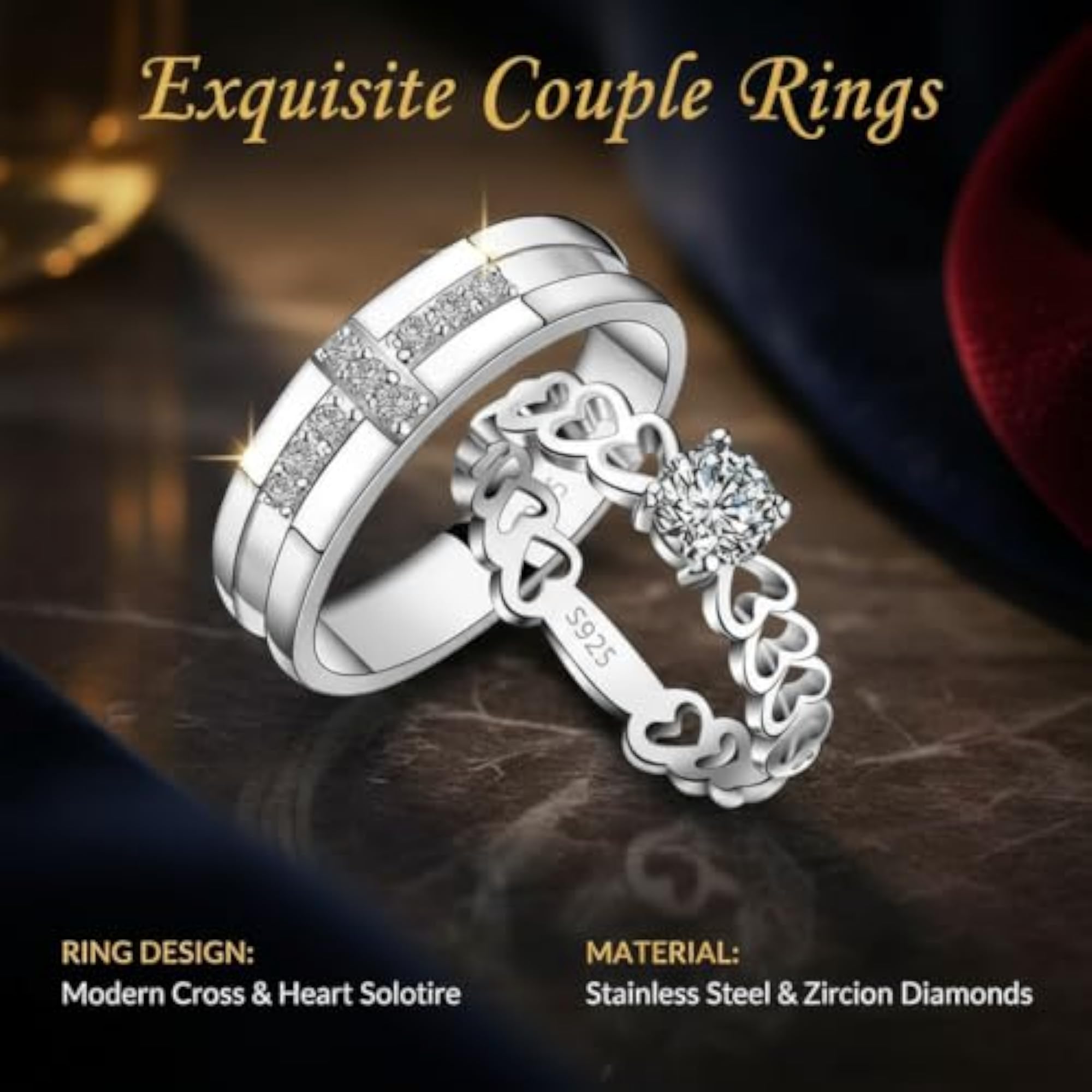 Adjustable Couple Rings Set with Heart Design, Matching