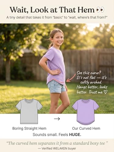 Image of WELAKEN Girls Soft T-Shirt with Curved Hem, Breathable Stretchy Rayon Crewneck Short Sleeve Tees, Kids Everyday Basic Top