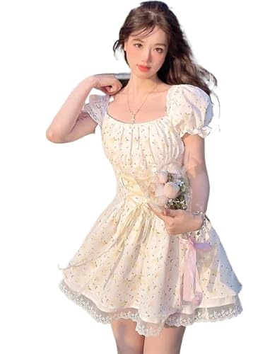 Mini robe florale col carré robe d'été femme à manches bouffantes mignonne