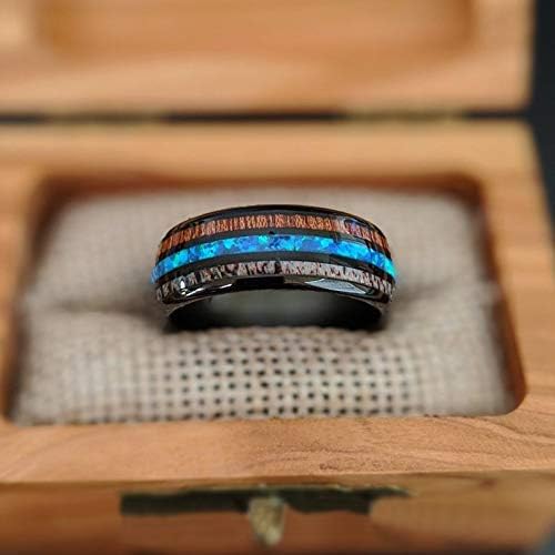 Black Opal Ring Mens Wedding Band with Deer Antler, Blue Opal, and Koa Wood Inlay 8mm Nature Ring, Tungsten and Wood Rings for Men