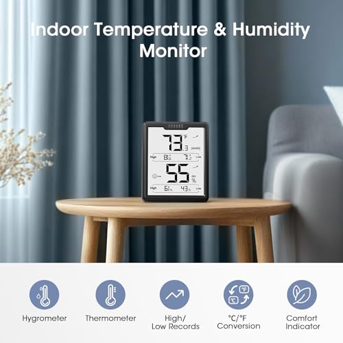 DOQAUS Digital Hygrometer Room Thermometer Indoor, Humidity Meter with Large LCD Display, Temperature Humidity Monitor with Max Min Records, Black