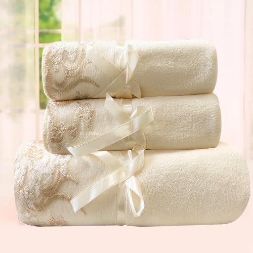 Lacomfy Bath Towels Set, Cream Lace Hand Towels Ultra Absorbent & Soft Towels Velvet Bathroom Sheet Towels for Shower Beach Daily (1 Bath Towel+2 Hand Towels)