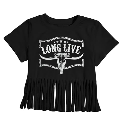 Image of Girls Western Shirt Cowgirls Embroidered Country Concert T Shirt Graphic Horseback Rider Tassel Fringe Tee Tops