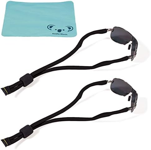 Koala Lifestyle Croakies Lycra Floater Floating Eyewear Retainer Sunglass Strap | Eyeglass & Glasses Float | Water Sports Holder Keeper Lanyard | 2pk Bundle + Cloth, Black