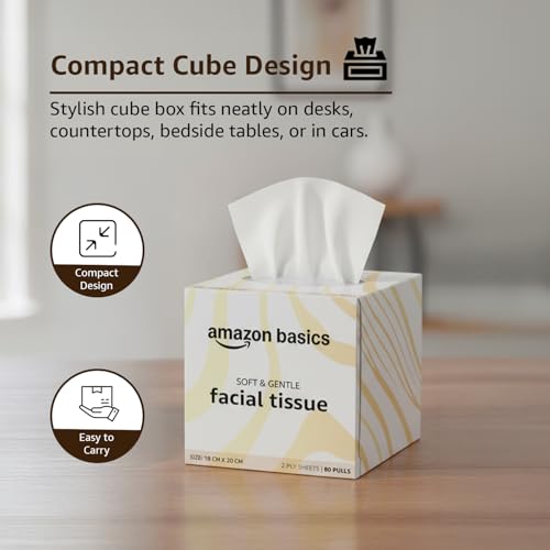 Image of Amazon brand- Amazon Basics 2-Ply Facial Tissue paper 320 pulls | 80 pulls x Pack of 4| Soft & Gentle| Chemical-Free