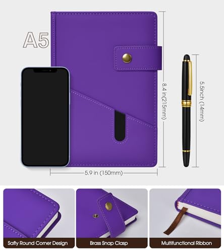 Image of Lined Journal Notebook with Pen, A5 Personalized Hardcover Leather Journal for Men Women, 200 Pages 100 GSM Thick Paper College Ruled Notebooks for Work Travel School Writing Diary 5.9 inch X 8.4 inch Purple