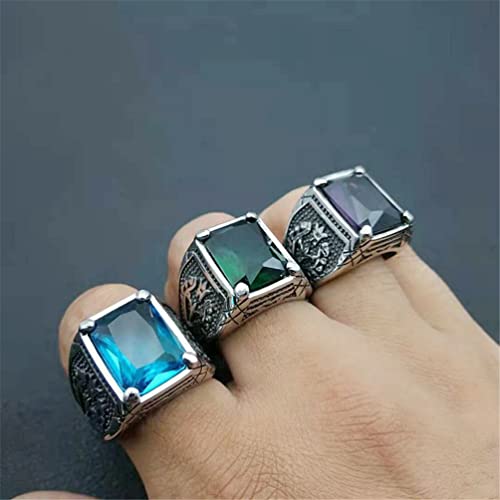 PMTIER Men's Classic Vintage Stainless Steel Carved Flower Pattern Cubic Zirconia Square Green Gemstone Ring Size 10 - Thumbnail 6