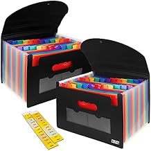 2 منظم ملفات Accordian Pack ، توسيع مجلد الملفات 24 جيوب مع غطاء قابل للتوسيع A4 حجم صندوق الملفات ، منظم مستندات محمول - أسود