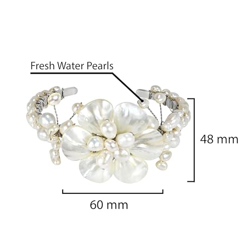 AeraVida Ocean’s Iridescent Garden White Mother of Pearls Seashell and Cultured Freshwater Pearls Floral Cuff Bracelet | Open Cuff Bangle Bracelet for Women3