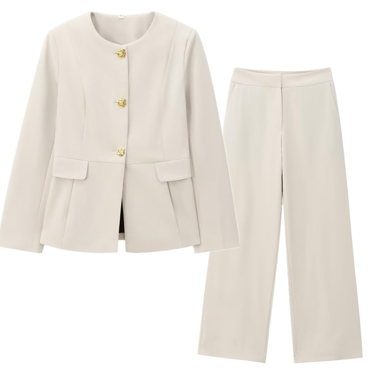 Minimalist Suit Two-Piece Elegant Beige Round Neck Single Breasted Blazers Suit Straight Leg Pants Set Women US Alpha