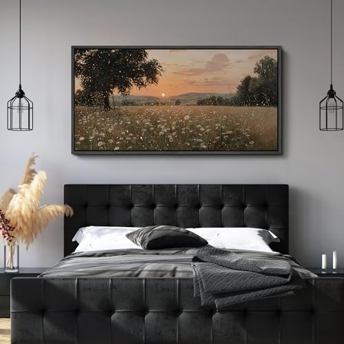 Image of MUDECOR Extra Large Framed Canvas Print Wall Art Golden Sunset Meadow with Wildflowers Warm Landscape Antique Retro Ready to Hang Painting for Living Room Bedroom Multi-Sizes - 60 inchx30 inch