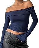 Aonoapll Women Y2k Off Shoulder Long Sleeve Crop Top Sexy Knit Slim Fit T Shirt Ruched Tight Tee Top Streetwear (Nn Blue,Small)