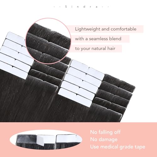 Image of Sindra Invisible Tape in Human Hair Extensions Natural Black 16inch | Invisi Edge Tape in Hair Extensions, for Everyday Wear, Seamless Remy Human Hair, 45g 20pcs, Natural Look