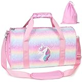 Bagseri Dance Bag for Girls - Ballet Bag for Girls with Shoes Compartment Girls Duffle Bag for Kids Overnight Travel Sleepover Bags with Dry Wet Separation Pockets（Glitter Unicorn, Pink）