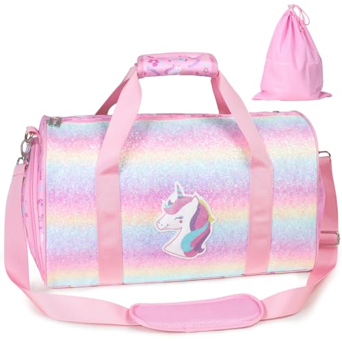 Bagseri Dance Bag for Girls - Ballet Tote with Shoes Compartment, Kids Duffle Bag for Overnight Travel with Dry Wet Separation Pockets（Glitter Unicorn, Pink）