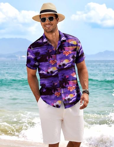 Image of COOFANDY Men's Linen Shirts Short Sleeve Casual Shirts Button Down Shirt for Men Beach Summer Wedding Shirt