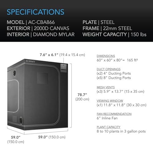 AC Infinity CLOUDLAB 866 Advance Tente de culture hydroponique en Mylar diamant 2000D 152 x 152 x 203 cm