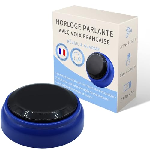 Orologio Parlante per Alzheimer, Aveugle, Malveante o Persona Agea - Voice francese chiara - Idea regalo per Grande madre o Grande Babbo Natale - Con sveglia sonora (Nero e Blu)