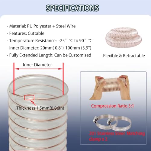 C Manguera flexible de recogida de polvo con alambre de acero en espiral, manguera de vacío resistente para carpintería, extracción de polvo industrial, 4 pulgadas de diámetro, duradera y flexible