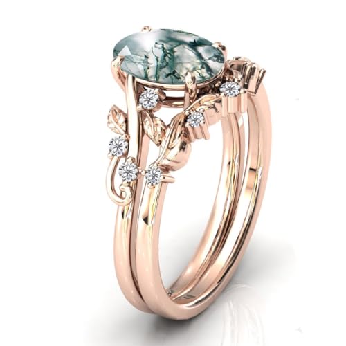 Natural Moss Agate Engagement Ring Set 925 Sterling Silver Rings for Her with Free Engraving Jewelry Gift for Women Moss Agate Vintage Ring Set Size 4-124