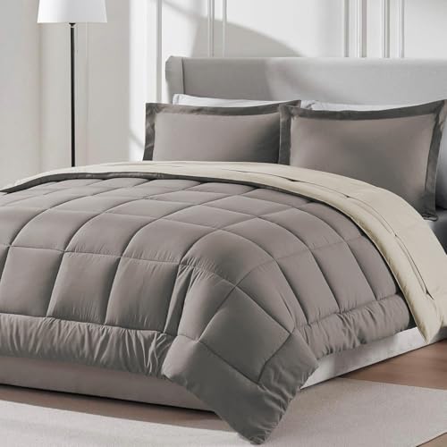 Image of FURBO Microfiber Reversible 200 GSM AC Comforter Set Double Bed with 2 Pillow Covers, Quilt for Double Bed King Size for All Season Comfort (90x100 Inches, Mocha & Cream)