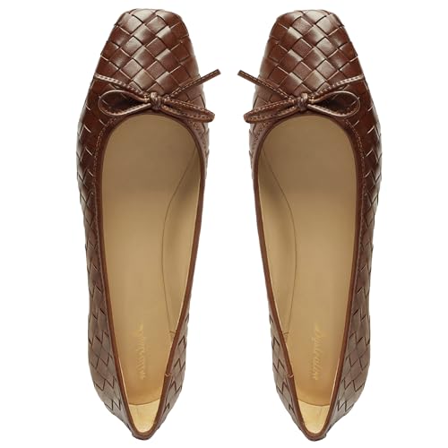 Women Woven Flats Square Toe Bow Ballet Flats Slip on Casual Flat Heel Dress Shoes Woven Closed Toe Flat Shoes with Bow Walking Comfort Vacation Drive Flats Matte 4-11 M US