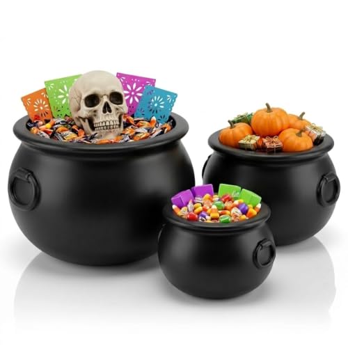 PMU Halloween Cauldron 3pc- 10', 8', 6' Witch Plastic Cauldron bowl Black, For Halloween Decor