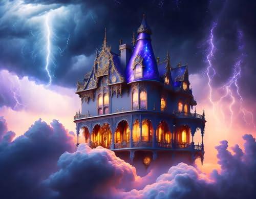 Maison gothique dans les nuages orageux : poster toile foudre 50 x 70 cm